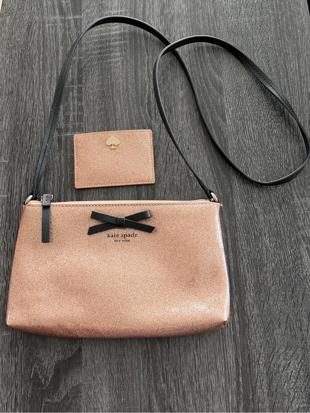 Kate Spade 2-PIECE SET Mavis Street Rose Gold Glitter Crossbody & Card Wallet ♠️ - Picture 11 of 12